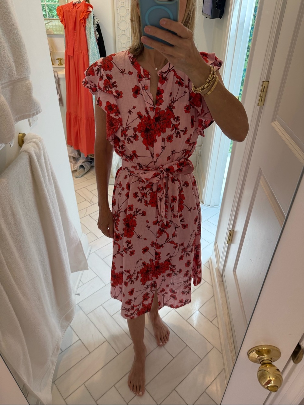 Zara Pink Midi Dress with Red Floral Print